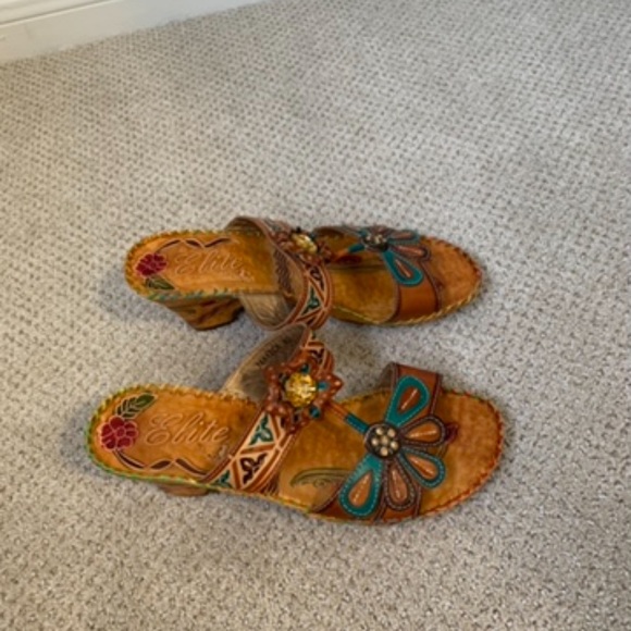 Elite by Corkys Hand-Painted Multi-Colored Leather Heeled Sandals Size 10 - Picture 4 of 10